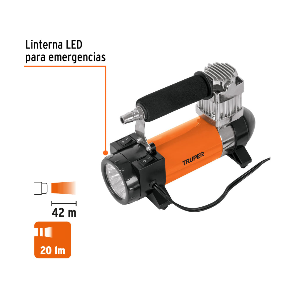 Compresor de aire 12 V portátil, para auto. Marca Truper, Código 19999, Clave COMP-12. Incluye maletín.