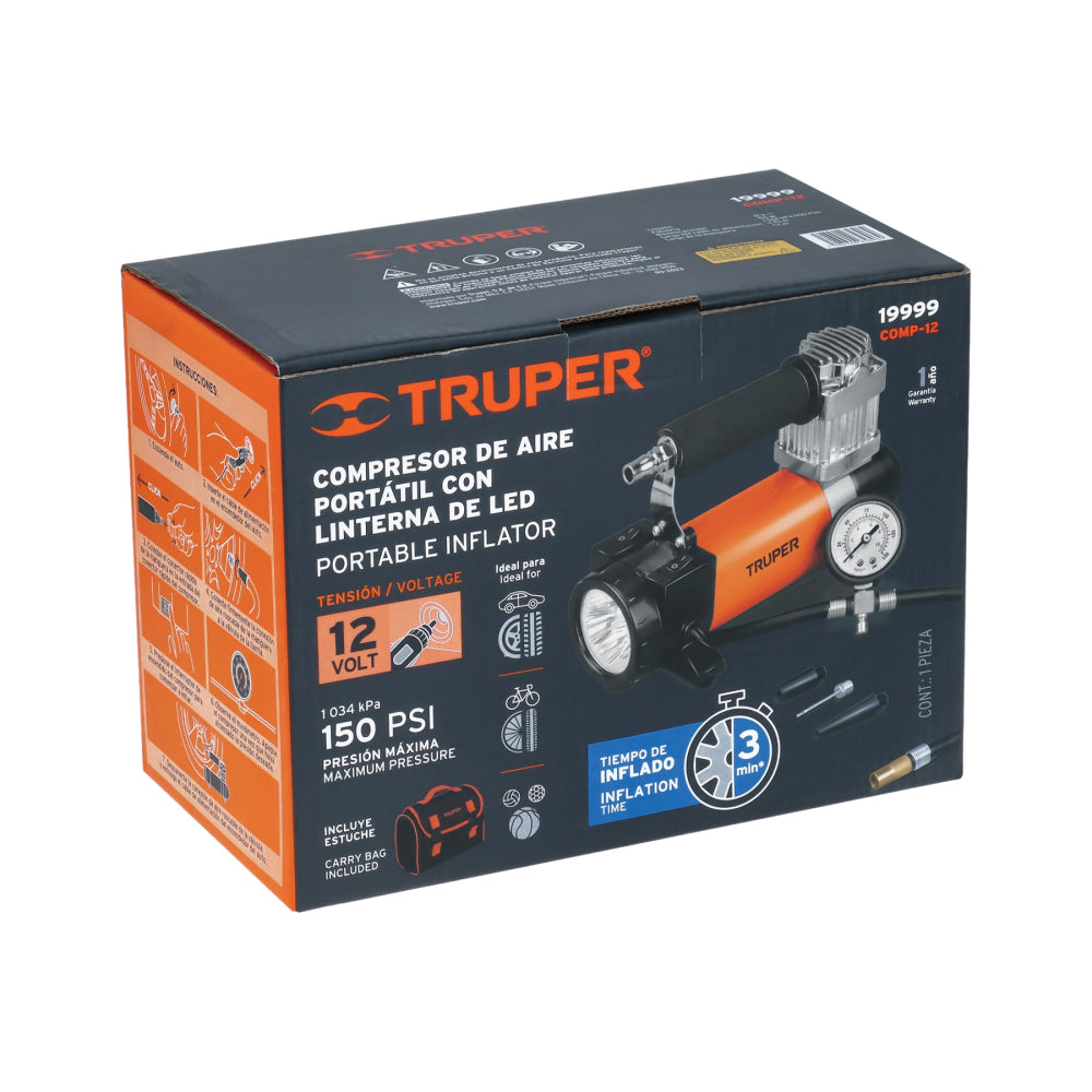 Compresor de aire 12 V portátil, para auto. Marca Truper, Código 19999, Clave COMP-12. Incluye maletín.