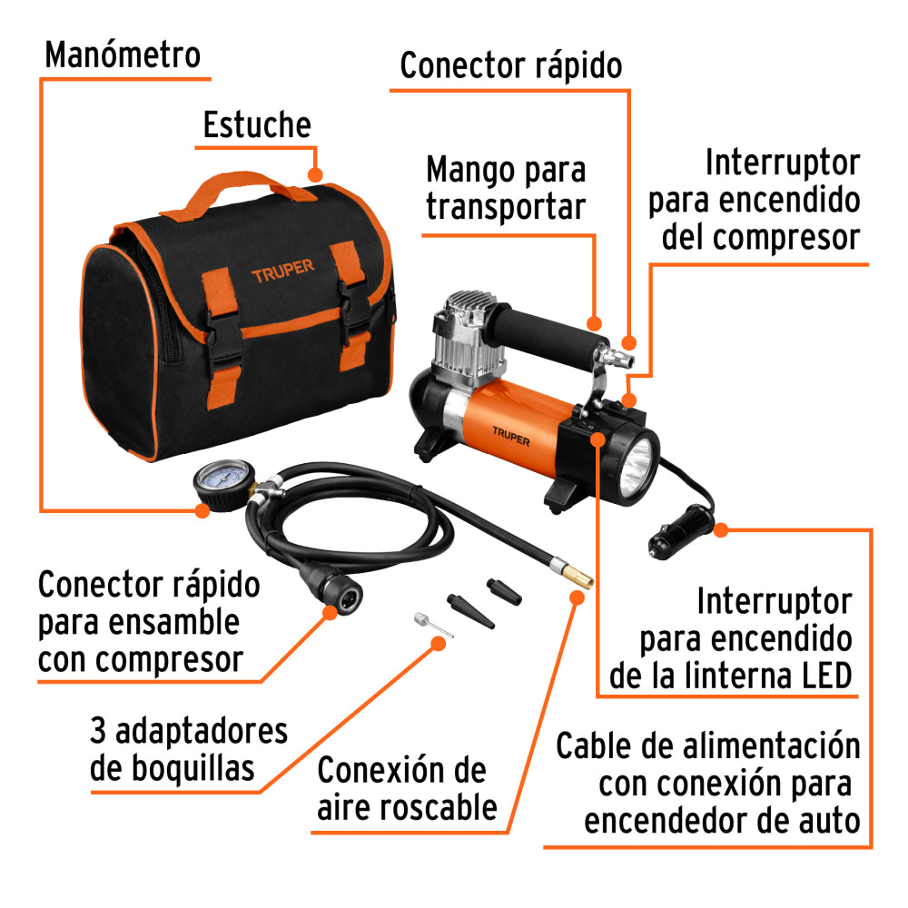 Compresor de aire 12 V portátil, para auto. Marca Truper, Código 19999, Clave COMP-12. Incluye maletín.