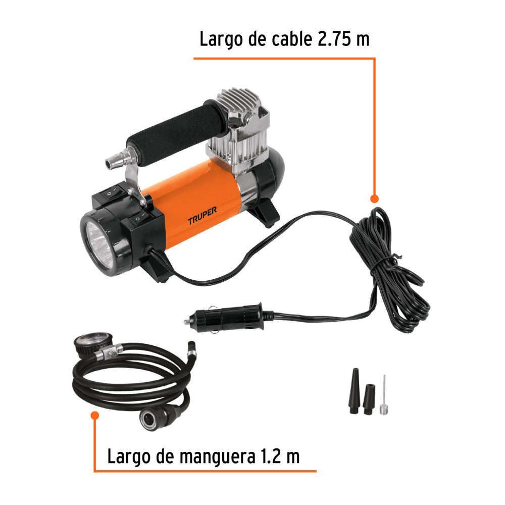 Compresor de aire 12 V portátil, para auto. Marca Truper, Código 19999, Clave COMP-12. Incluye maletín.