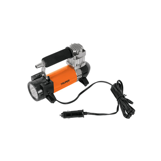 Compresor de aire 12 V portátil, para auto. Marca Truper, Código 19999, Clave COMP-12. Incluye maletín.